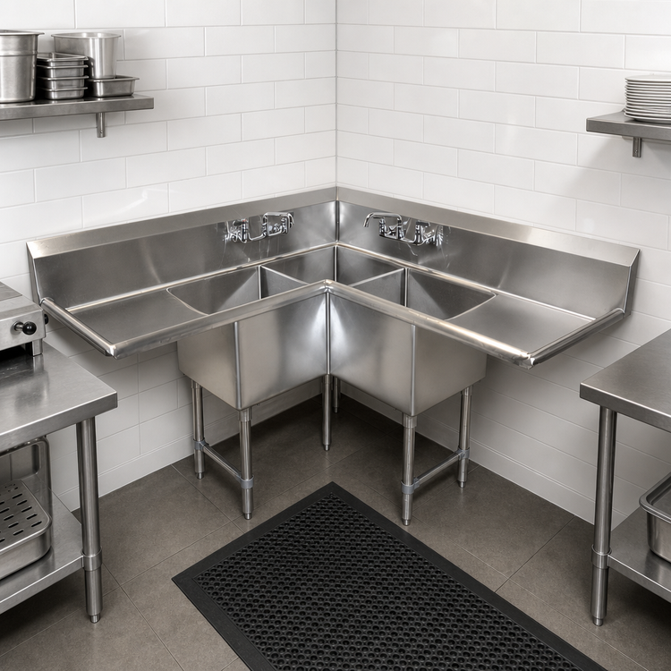 Product image #3 for BK Resources Corner 3-Compartment Sink with Dual 24-Inch Drainboards, 63 x 63 x 43.5 Inches, 18/304 Stainless Steel