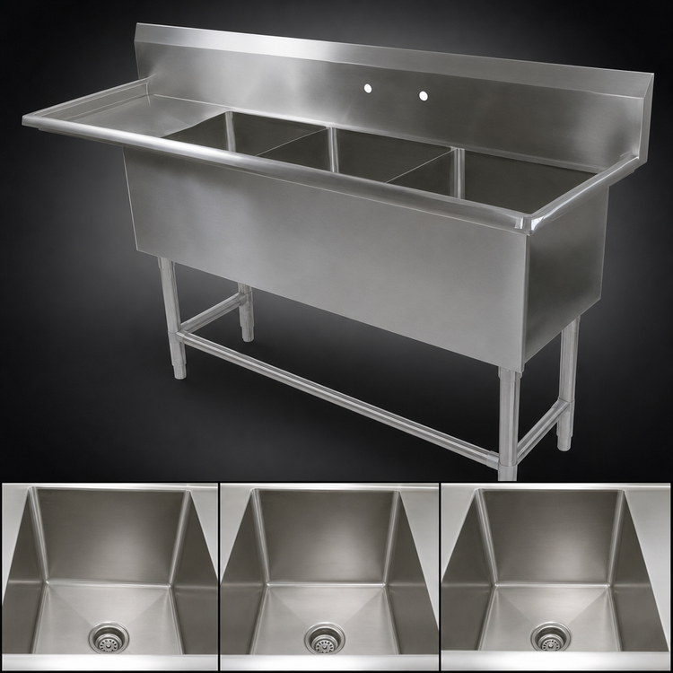 Product image #3 for John Boos Pro-Bowl 3-Compartment Sink with 18-Inch Left Drainboard, 20 x 20 x 12-Inch Bowls, 14-Gauge Type 300 Stainless Steel