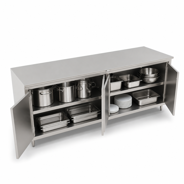 Product image #3 for Cabinet Base Enclosed Work Table with Hinged Doors, 120 x 36 Inches, 14-Gauge Stainless Steel Flat Top