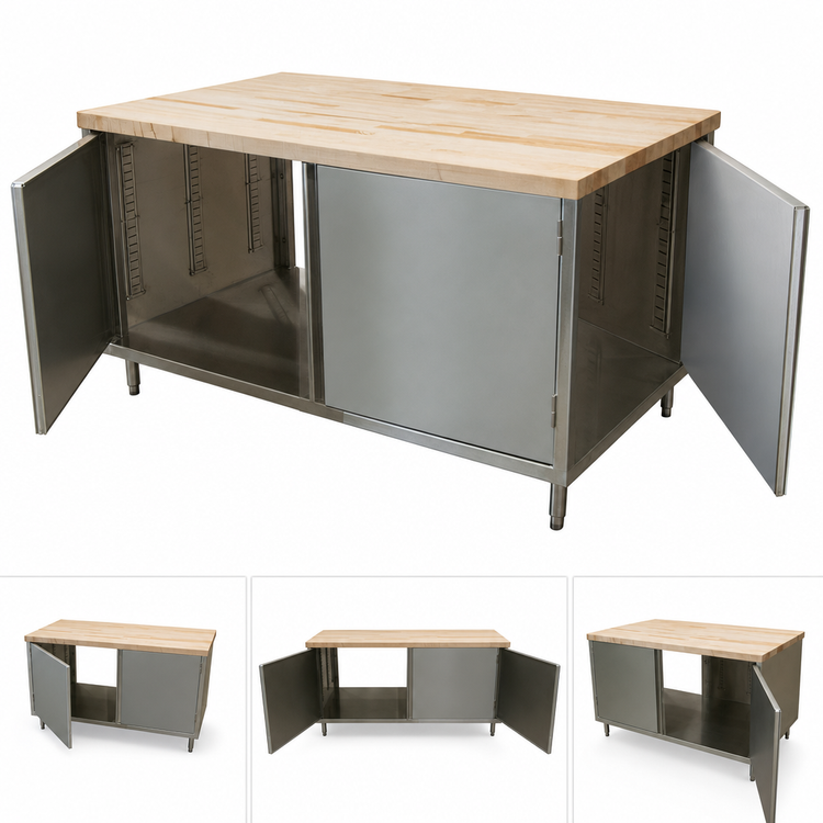 Product image #3 for BK Resources Dual-Access Chef Table with Hard Maple Top and Stainless Steel Cabinet Base, 48W x 36D