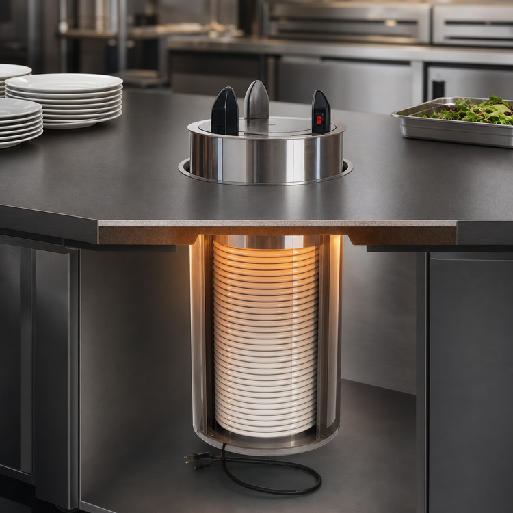 Product image #3 for Dinex Heated Drop-In Shielded Round Plate Dispenser for Up to 9 1/4-Inch Plates