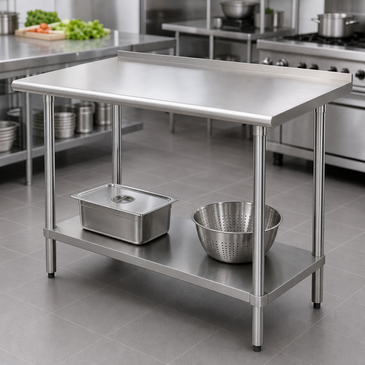 Product image #3 for Advance Tabco 48 Inch W x 30 Inch D 304 Stainless Steel Work Table with 1-1/2 Inch Rear Backsplash and Adjustable Undershelf