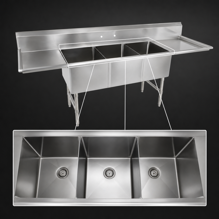 Product image #3 for John Boos B Series 3-Compartment Stainless Steel Sink with Left and Right Drainboards, 105-1/4" W x 29-1/2" D