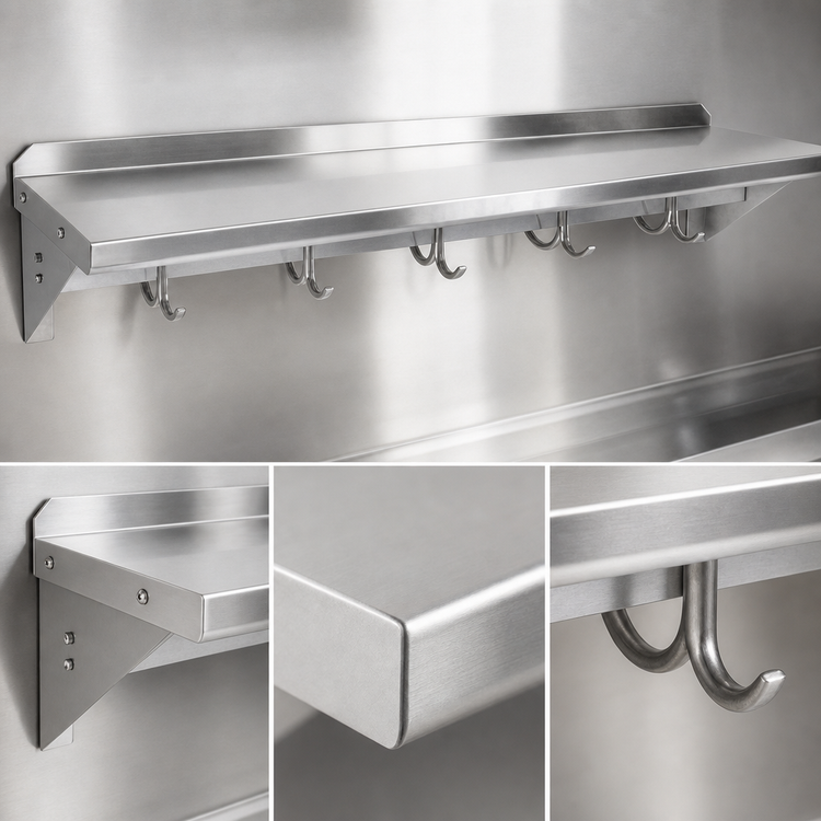 Product image #3 for John Boos Stallion 60-Inch Wall-Mount Stainless Steel Pot Rack Shelf, 18-Gauge, 5 Hooks