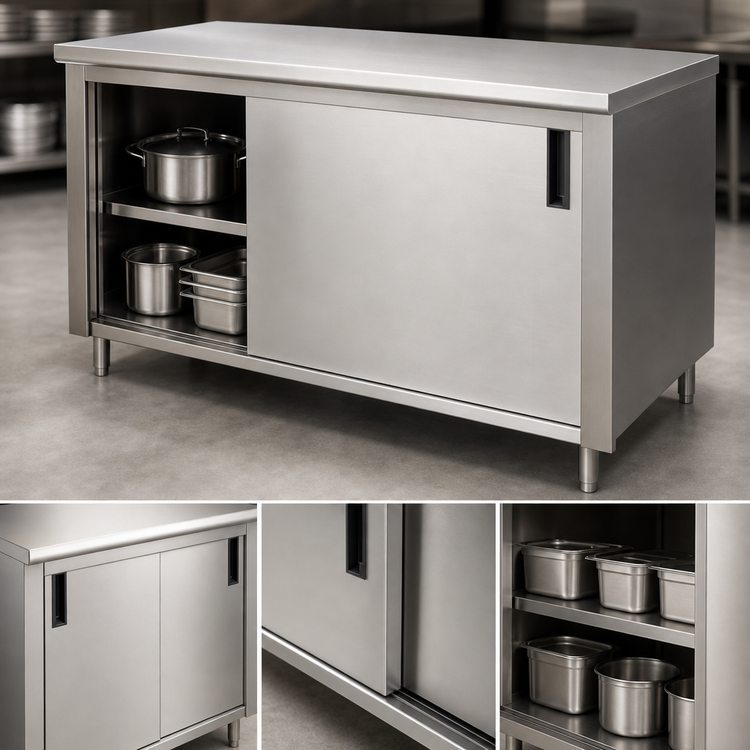 Product image #3 for Advance Tabco Enclosed Work Table with Cabinet Base and Sliding Doors, 108" x 30", 14-Gauge 304 Stainless Steel Top