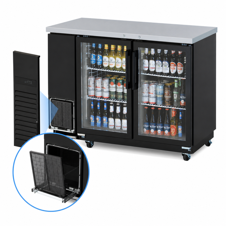Product image #3 for Turbo Air Super Deluxe Narrow Two-Section Back Bar Cooler with 2 Glass Doors, 12.2 Cu. Ft., Side-Mounted Self-Contained R-290 Refrigeration