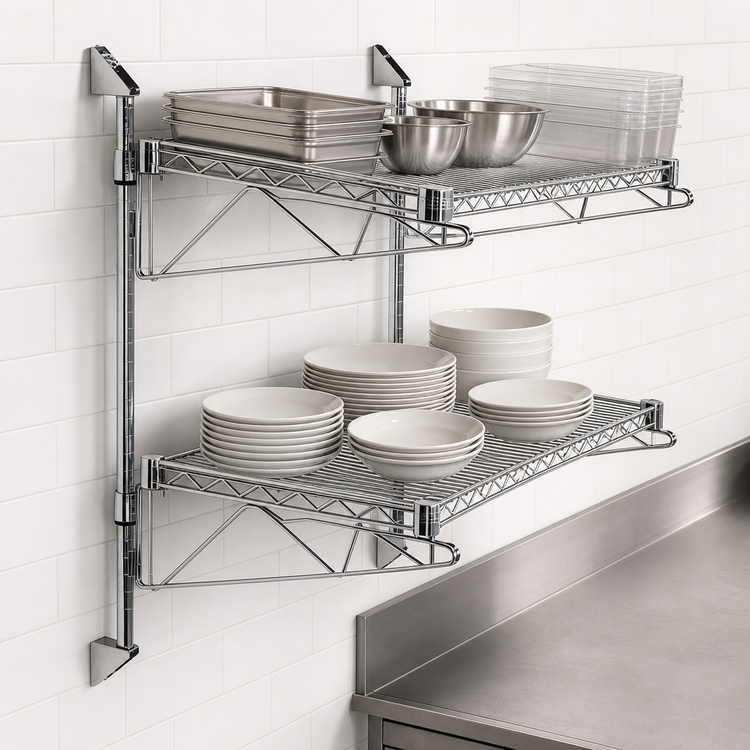 Product image #3 for Quantum Wall-Mounted Cantilever Double Shelf Wire Shelving Unit, 72W x 21D, Chrome Plated