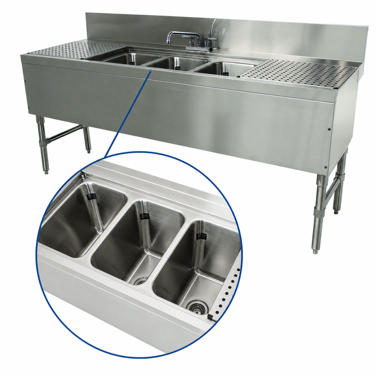 Product image #3 for Advance Tabco Prestige 3-Compartment Underbar Sink Unit with Dual Drainboards and Deck-Mount Faucet, 60 Inch