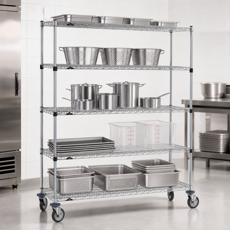 Product image #3 for Metro Super Erecta 5-Tier Stem Caster Wire Shelving Cart, 60W x 18D x 68H, Chrome Plated