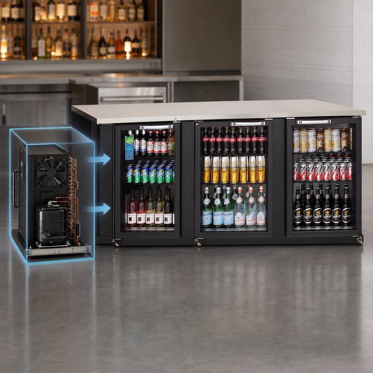 Product image #3 for Everest Refrigeration Three-Section Glass Door Back Bar Cooler, 89-1/4 Inch, 32 Cu. Ft., Stainless Steel Top, Black Exterior