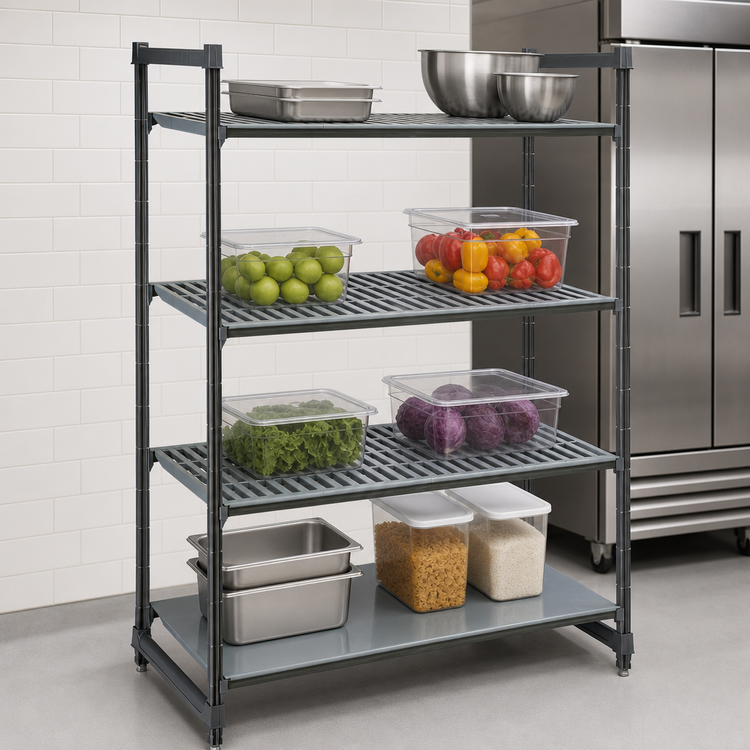 Product image #3 for Cambro Camshelving Basics Plus 4-Shelf Stationary Starter Polymer Shelving Unit, 21 x 36 x 72 Inches, Vented and Solid, Brushed Graphite
