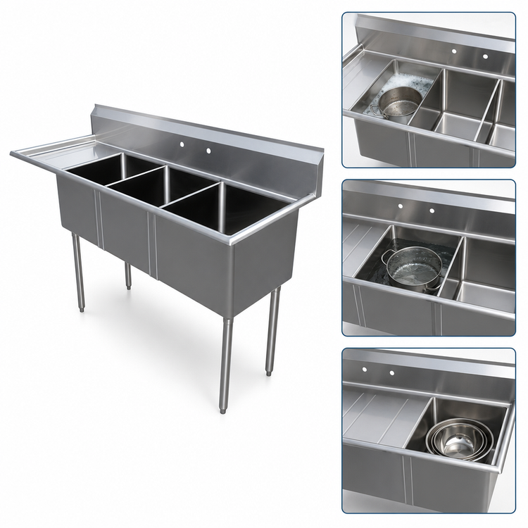 Product image #3 for Freestanding 3-Compartment Pot Sink with Left Drainboard, 21 x 18 x 14-Inch Bowls, 304 Stainless Steel