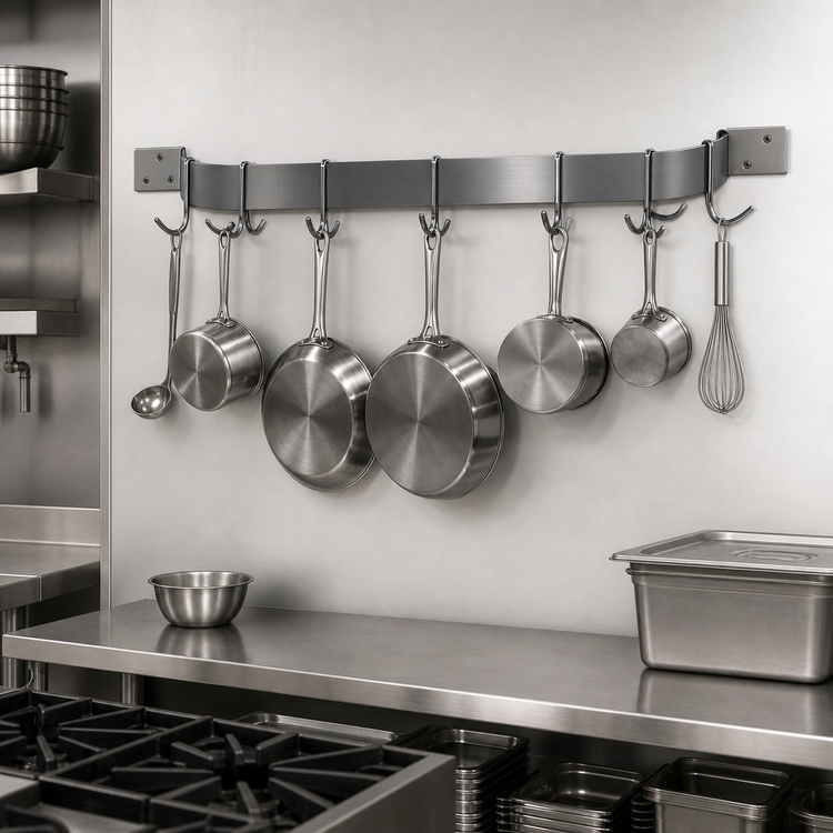 Product image #3 for Advance Tabco Wall-Mounted Stainless Steel Pot Rack with Single Bar and 9 Plated Double Hooks, 96 Inch