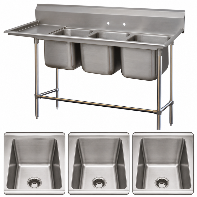 Product image #3 for Regaline 3-Compartment Stainless Steel Sink with Left-Hand Drainboard, 20 x 20 x 14-Inch Compartments