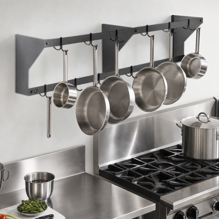 Product image #3 for Eagle Group 60-Inch Wall Mounted Double-Bar Aluminum Pot Rack with 10 Double-Pronged Hooks
