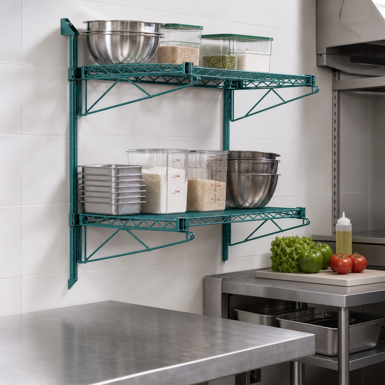 Product image #3 for Quantum Wall-Mount Cantilever Double Shelf Wire Shelving Unit, 42 x 12 Inches, Green Epoxy Antimicrobial Finish