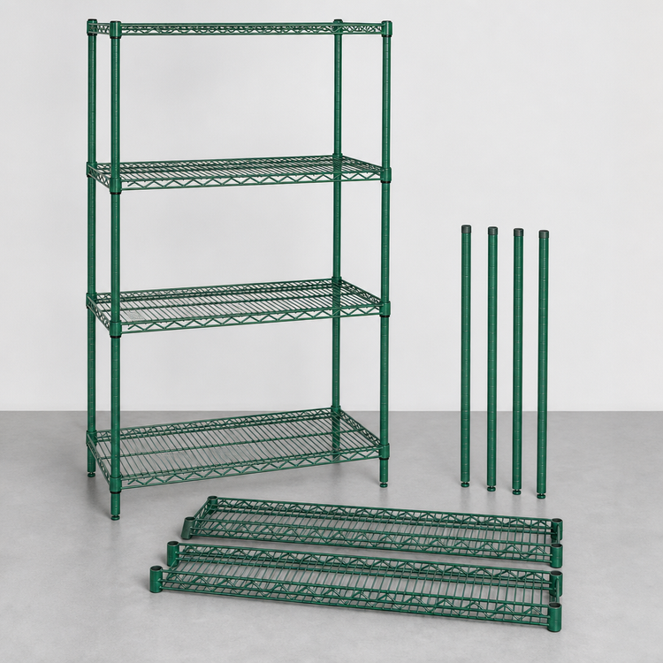 Product image #3 for Quantum Stationary Wire Shelving Starter Kit, 30" W x 14" D x 74" H, 4 Shelves, Green Epoxy Antimicrobial Finish