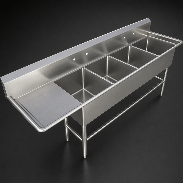 Product image #3 for John Boos Pro-Bowl 4-Compartment Sink with Left Drainboard, 94-3/16"W x 23-1/2"D, 16-Gauge Stainless Steel
