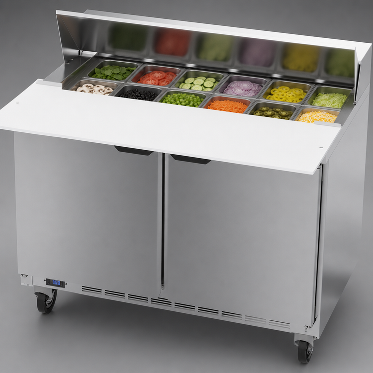 Product image #4 for Beverage Air SPE48HC-12C 48-Inch Two-Section Sandwich Top Refrigerated Prep Table with 12 1/6-Pan Top and 17-Inch Cutting Board