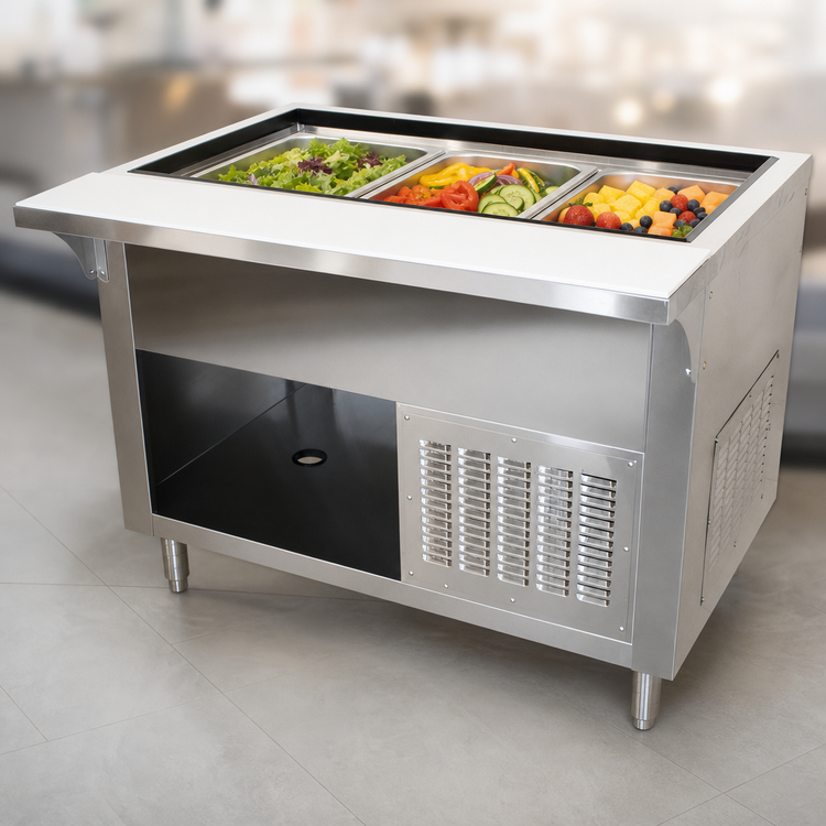 Product image #3 for Advance Tabco 47-1/8-Inch Self-Contained Refrigerated Cold Pan Buffet Station, 3-Pan, Open Rear Base