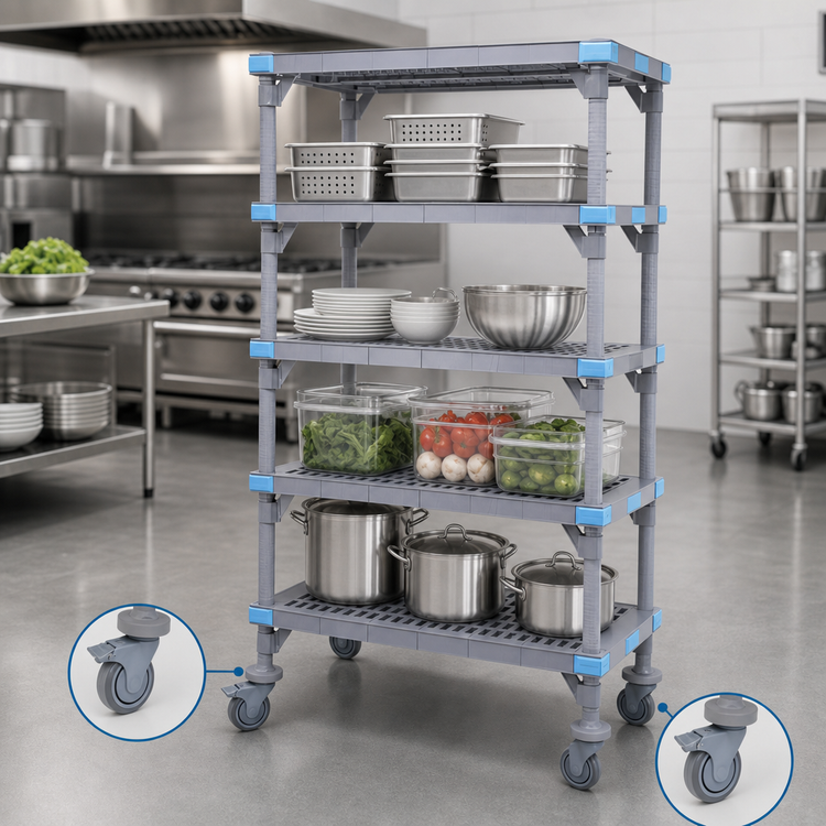 Product image #3 for Millenia Mobile Polymer Shelving Starter Unit with 4 Open Grid Shelves, 36 x 24 x 62 Inches