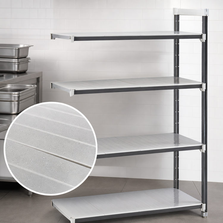 Product image #3 for Cambro Camshelving Elements XTRA 4-Tier Stationary Add-On Solid Polymer Shelving Unit, 72" W x 21" D x 72" H, Speckled Gray