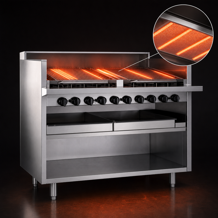 Product image #3 for Magikitch'n FM-RMB-624 24 Inch Floor Model Gas Radiant Charbroiler with Tilt Round Rod Grate and Open Cabinet Base