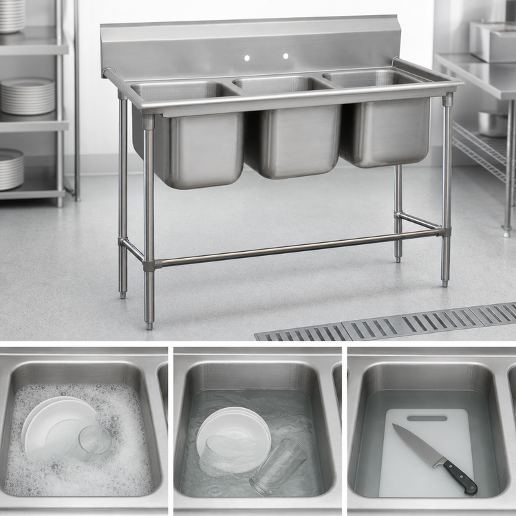 Product image #3 for Advance Tabco Regaline 3-Compartment Stainless Steel Sink with Legs, 20 x 20 x 14 Inch Compartments