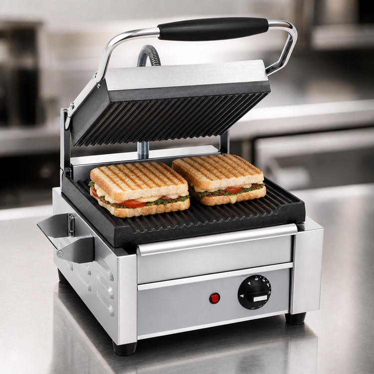 Product image #3 for Eurodib Small Single Commercial Panini Press with Ribbed Cast Iron Plates, 10 x 10 Inches, 120V