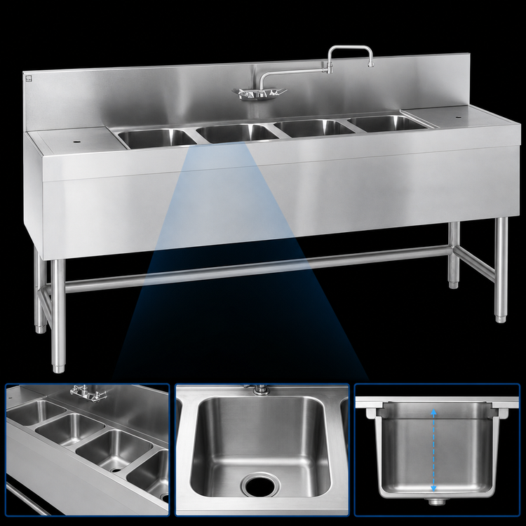 Product image #3 for Eagle Spec-Bar Four-Compartment Underbar Sink Unit with Left and Right Drainboards, 96 Inch W x 19 Inch D x 37 Inch H