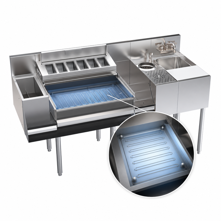 Product image #4 for Krowne Royal Series Single Zero-Step Refrigerated Speed Station with 10-Circuit Cold Plate, Sink, Glass Rinser, and Speedrail