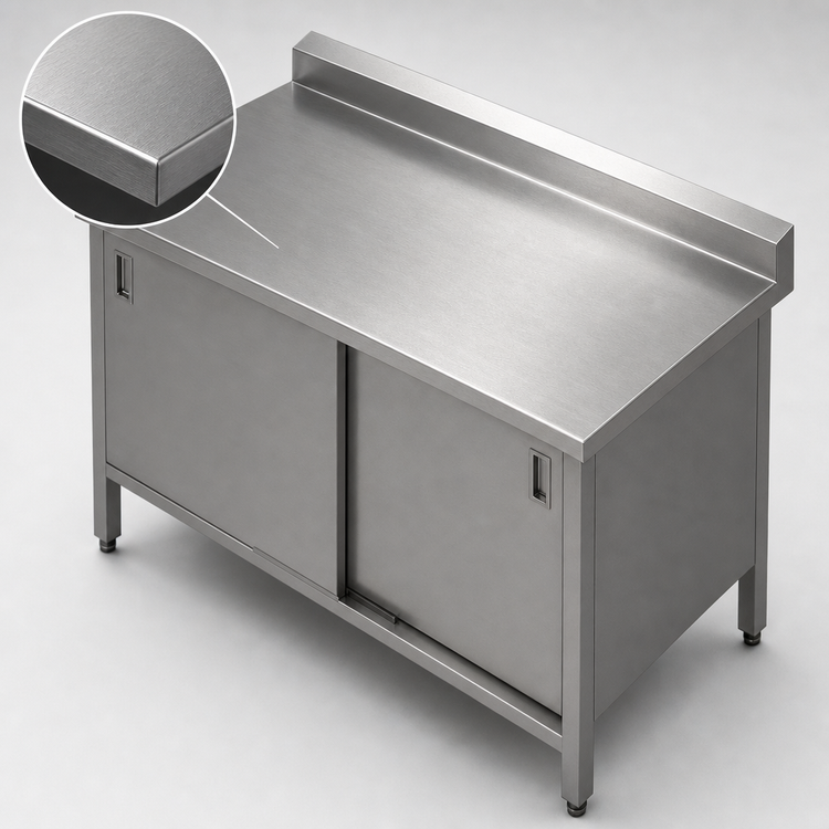 Product image #3 for John Boos Enclosed Stainless Steel Work Table with Hinged-Door Cabinet Base, 132 x 30 Inches, 14-Gauge 300 Series Top, 5-Inch Backsplash