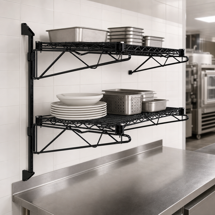 Product image #3 for Quantum Wall-Mounted Double Shelf Cantilever Wire Shelving Unit, 54 x 18 Inches, Black Epoxy Finish