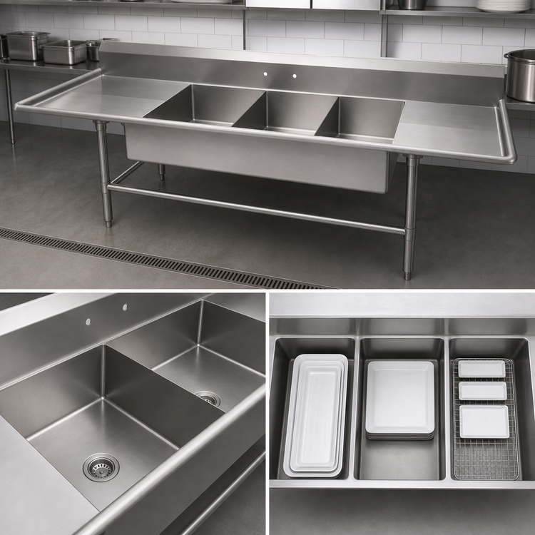 Product image #3 for John Boos Pro-Bowl 3-Compartment Platter Sink with 30-Inch Left & Right Drainboards, 12-Inch Deep Bowls, 14-Gauge Stainless Steel
