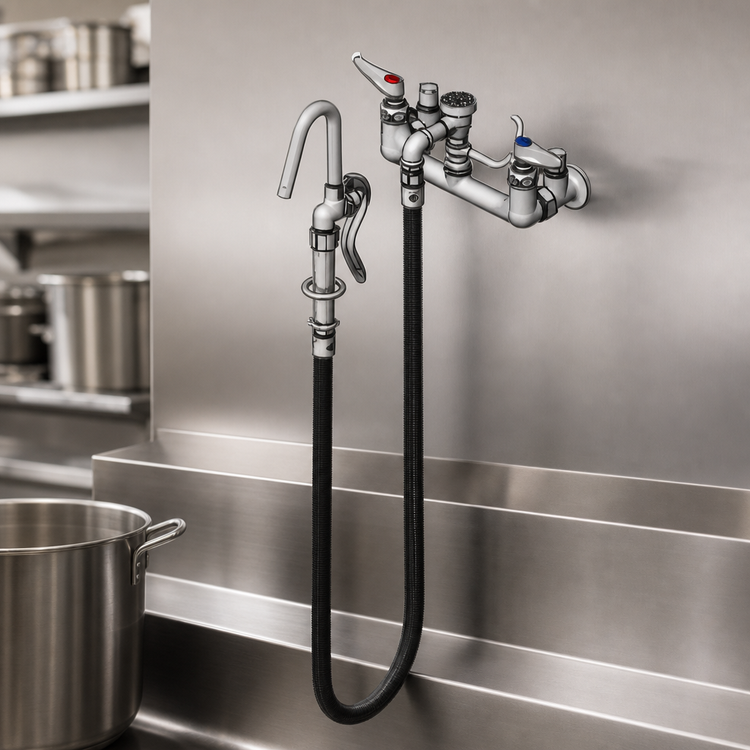 Product image #3 for T&S Brass Splash-Mounted Pot and Kettle Filling Faucet, 8-Inch Centers, 68-Inch Flexible Hose, Vacuum Breaker, Self-Closing Hooked Nozzle