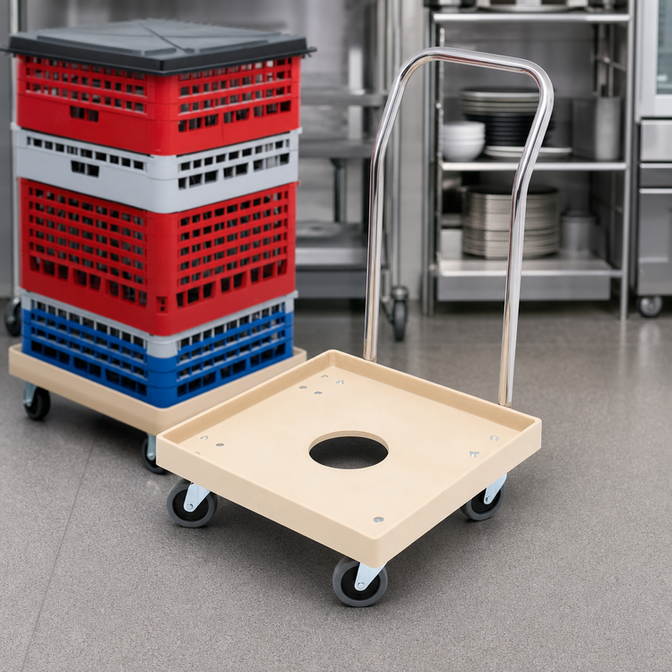 Product image #3 for Vollrath Plastic Dish Rack Dolly with Center Drain Hole, 20 x 20 Inch Platform, 200 lb Capacity, Beige