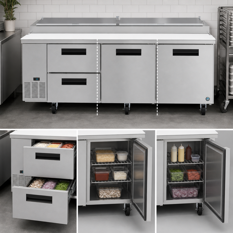 Product image #3 for Hoshizaki Steelheart 93-Inch Three-Section Pizza Prep Table with Doors and Drawers