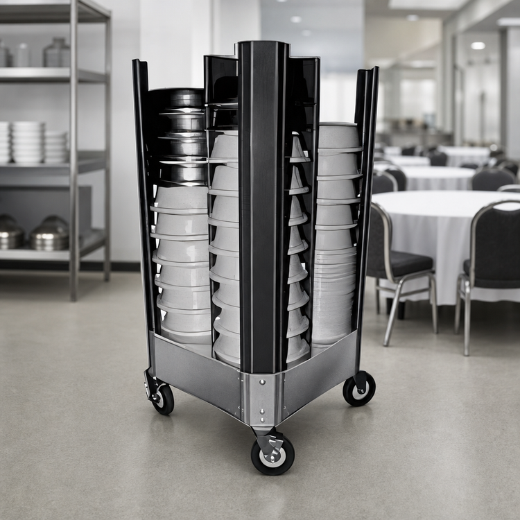 Product image #3 for 4-Section Open Frame Mobile Banquet Cover Ring Dish Dolly, Aluminum
