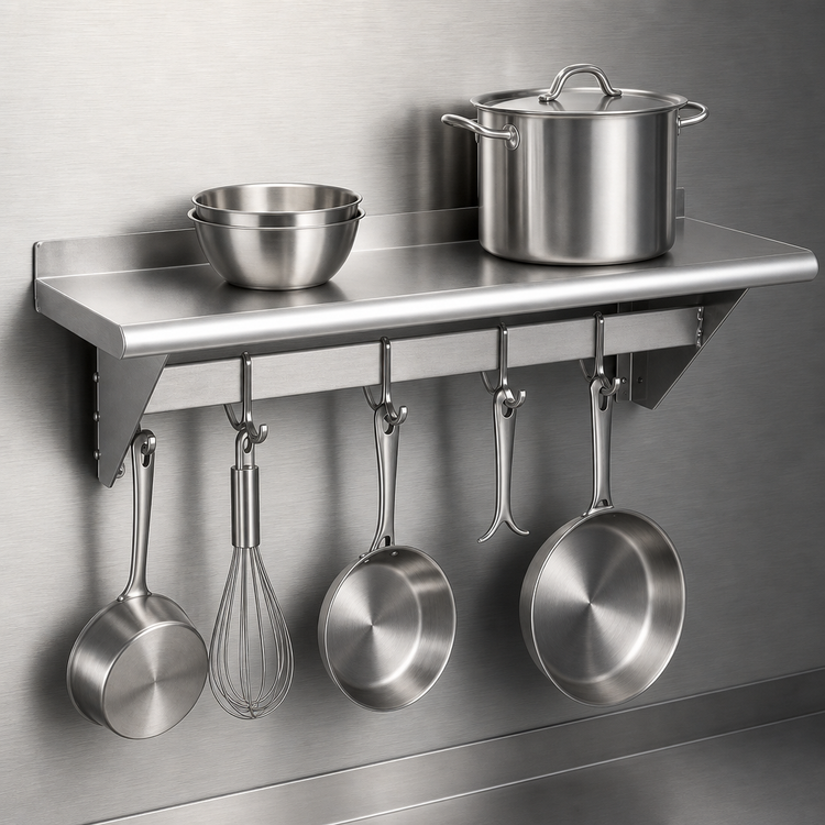 Product image #3 for 304 Stainless Steel Wall Shelf with Pot Rack and Hooks