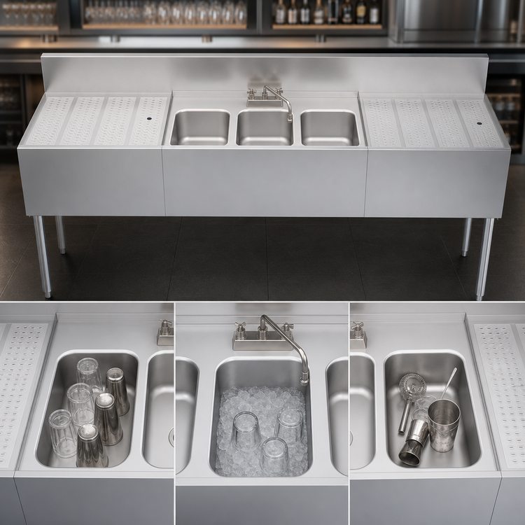Product image #3 for Krowne Royal Series 84-Inch Three-Compartment Underbar Bar Sink with Left and Right Drainboards