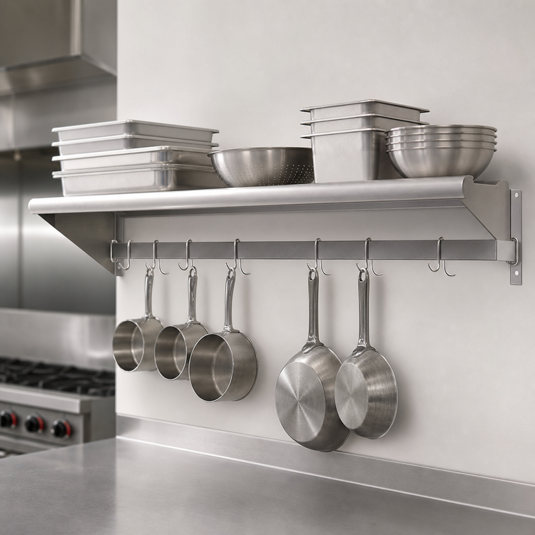 Product image #3 for Advance Tabco Wall-Mounted Shelf with Pot Rack, 132-Inch W x 12-Inch D, Stainless Steel