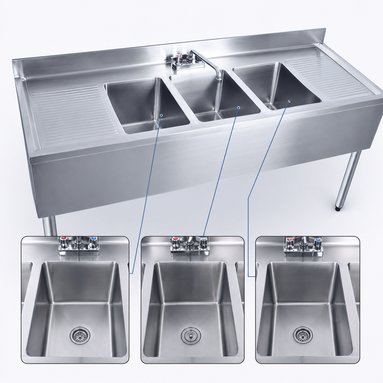 Product image #3 for BK Resources 96-Inch Three-Compartment Stainless Steel Underbar Sink with Left and Right Drainboards and Faucet