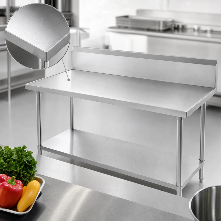 Product image #3 for Advance Tabco 48-Inch x 24-Inch 14 Gauge 304 Stainless Steel Work Table with 10-Inch Backsplash and Galvanized Undershelf