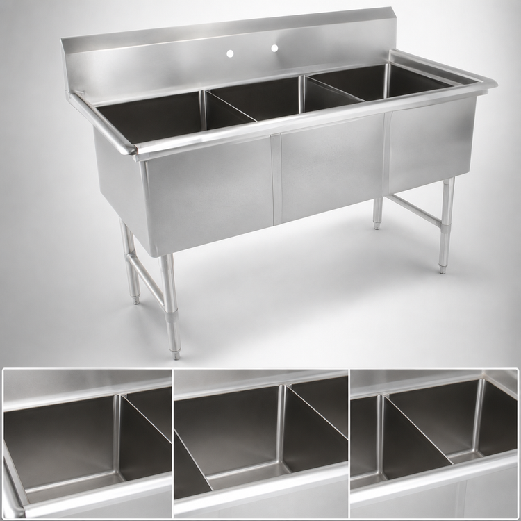 Product image #3 for John Boos 3-Compartment Stainless Steel Sink with 10-Inch Backsplash and Legs, 53-1/8 x 25-1/2 Inches