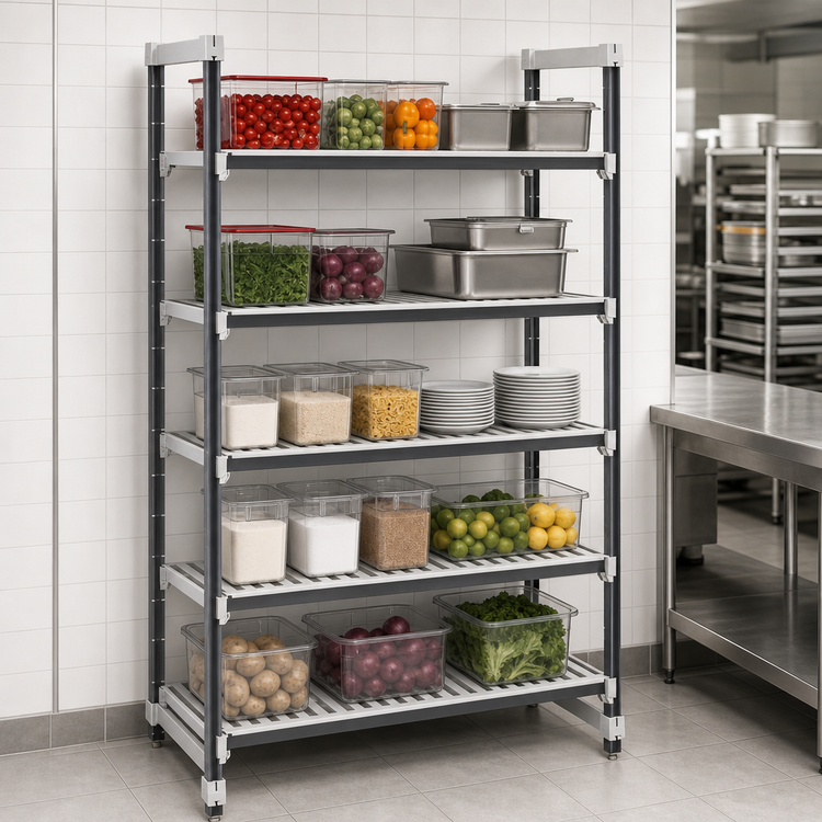 Product image #3 for Cambro Camshelving Elements XTRA 5-Tier Stationary Vented Polymer Shelving Starter Unit, 21 x 72 x 64 Inches, Speckled Gray