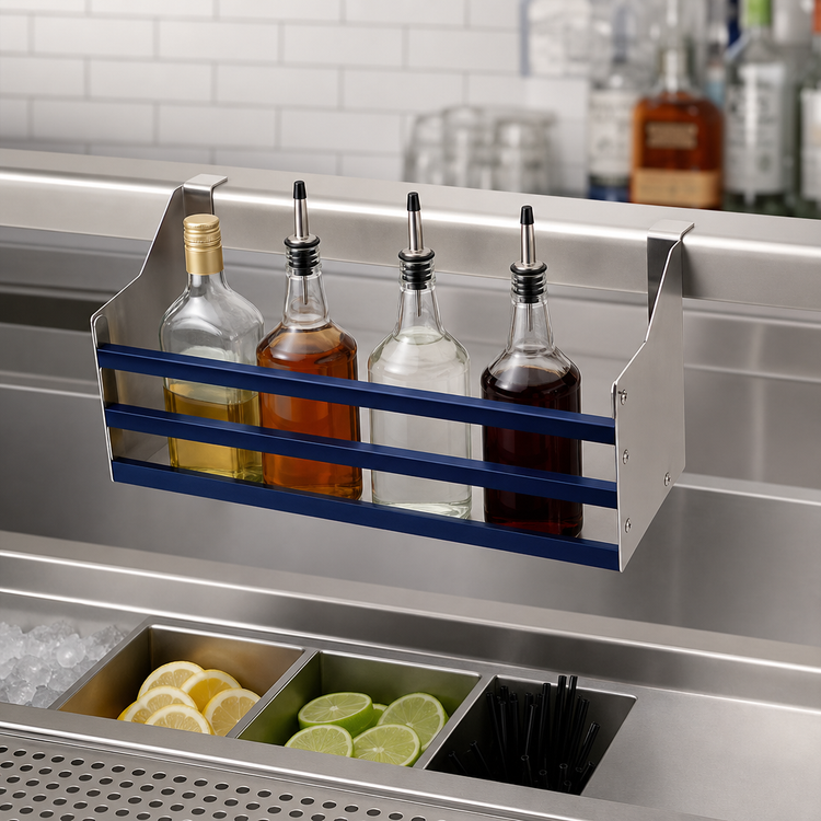 Product image #3 for Advance Tabco Prestige Supreme 18-Inch Single-Tier Hang-On Stainless Steel Speed Rail, 4-Bottle Capacity
