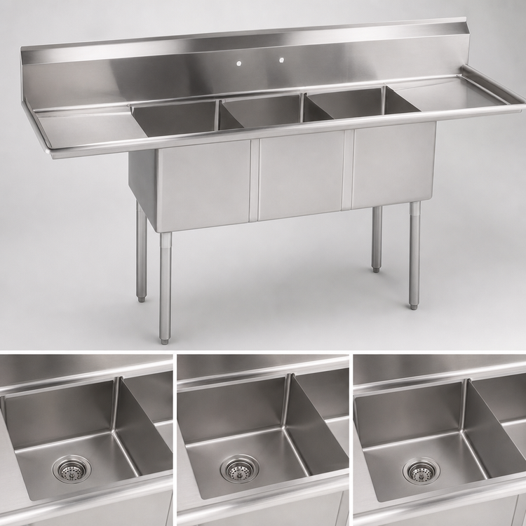 Product image #3 for John Boos E-Series 3-Compartment Stainless Steel Sink with Dual Drainboards, 102-Inch Wide