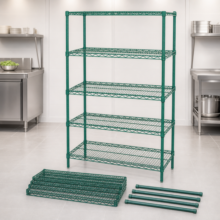 Product image #3 for Quantum 60" x 14" x 86" Wire Shelving Starter Kit with 5 Shelves, Green Epoxy Antimicrobial Finish
