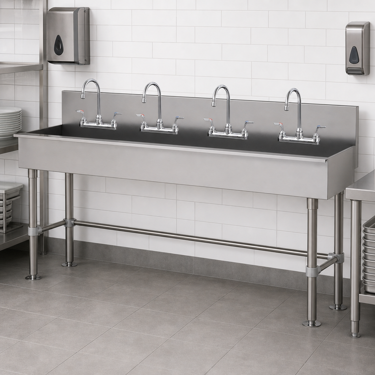 Product image #3 for Advance Tabco 80-Inch Freestanding Multi-Station Hand Wash Sink with 8-1/2-Inch Backsplash and 4 Faucet Hole Sets