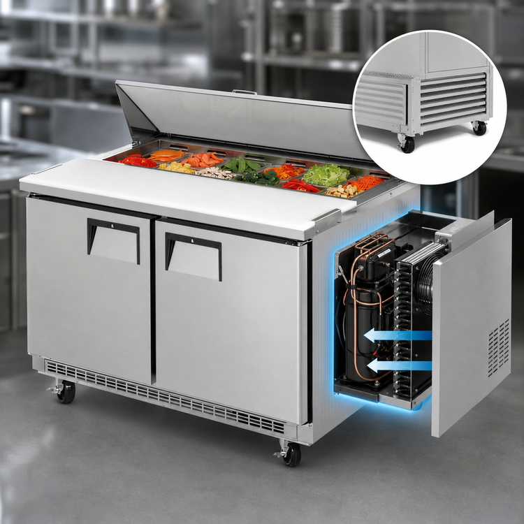 Product image #3 for Everest Refrigeration EPBNR2 Two-Section Sandwich Prep Table, 47-1/2 Inch, 13 Cu. Ft., Rear-Mounted Self-Contained R290 Refrigeration